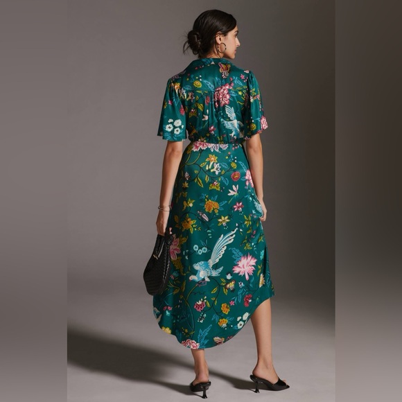 Maeve Anthropologie Teal Silky Buttonfront Shirt Dress Green Multi Floral - Picture 3 of 14